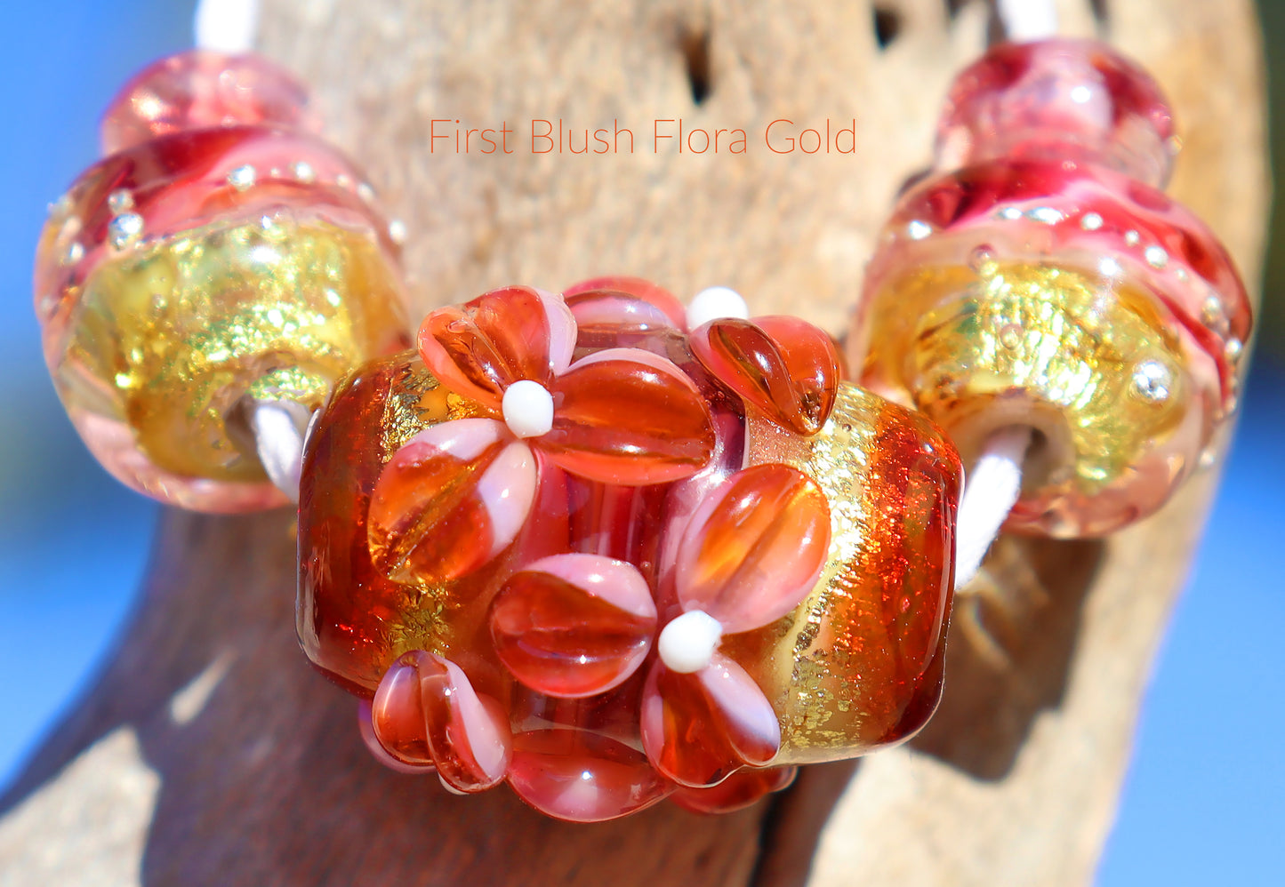 FIRST BLUSH FLORA GOLD FOCAL Bead Set, Handmade Glass Lampwork Art Beads for Jewelry design