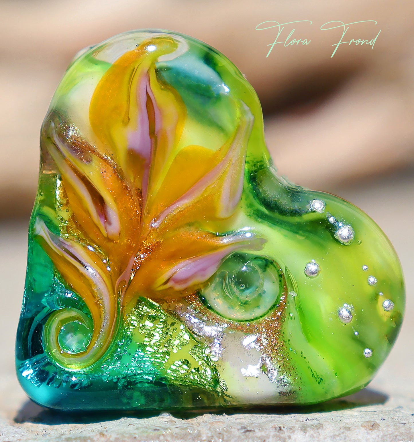 FLORA FROND Heart Focal Bead, Handmade Glass Art Beads for Jewelry design