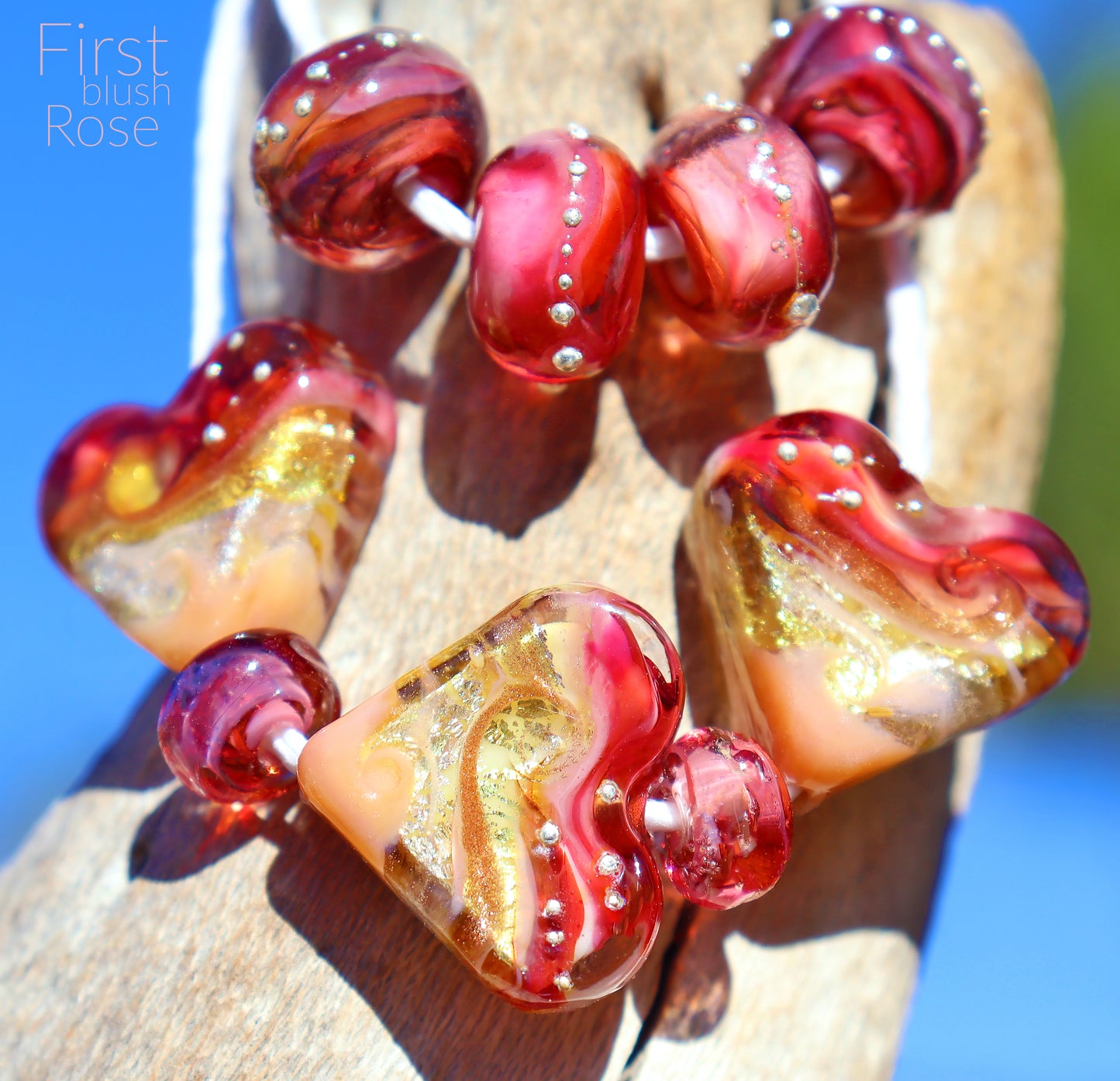 FIRST BLUSH ROSE Heart Bead Set, Handmade Glass Lampwork Art Beads for Jewelry design