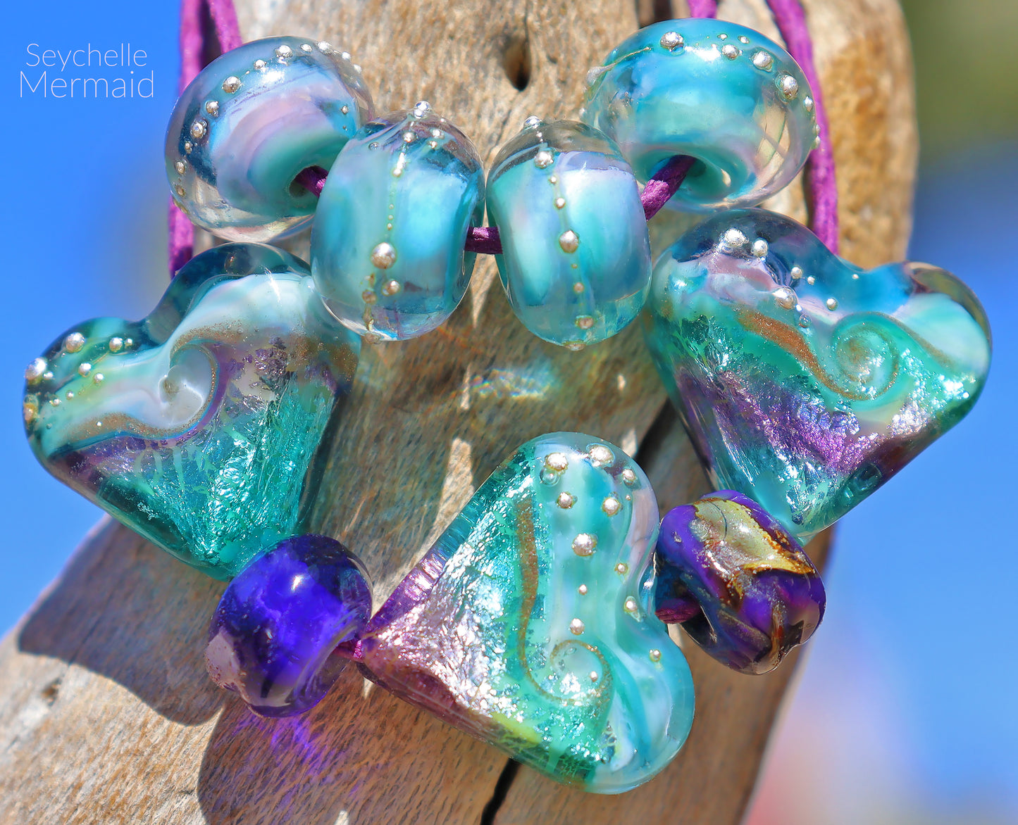 SEYCHELLE MERMAID Heart Bead Set, Handmade Glass Lampwork Art Beads for Jewelry design