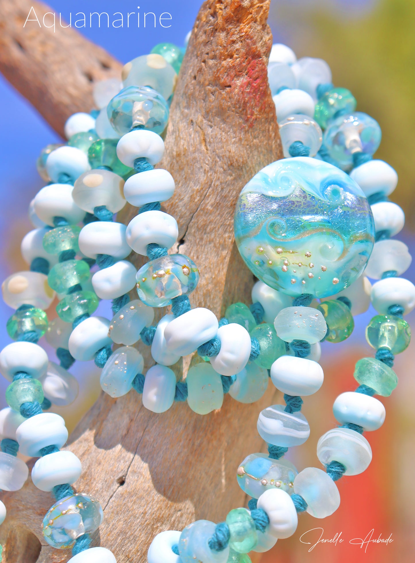 AQUAMARINE Knotted Art Glass Necklace, boho beach style jewelry by glass artist Jenelle Aubade