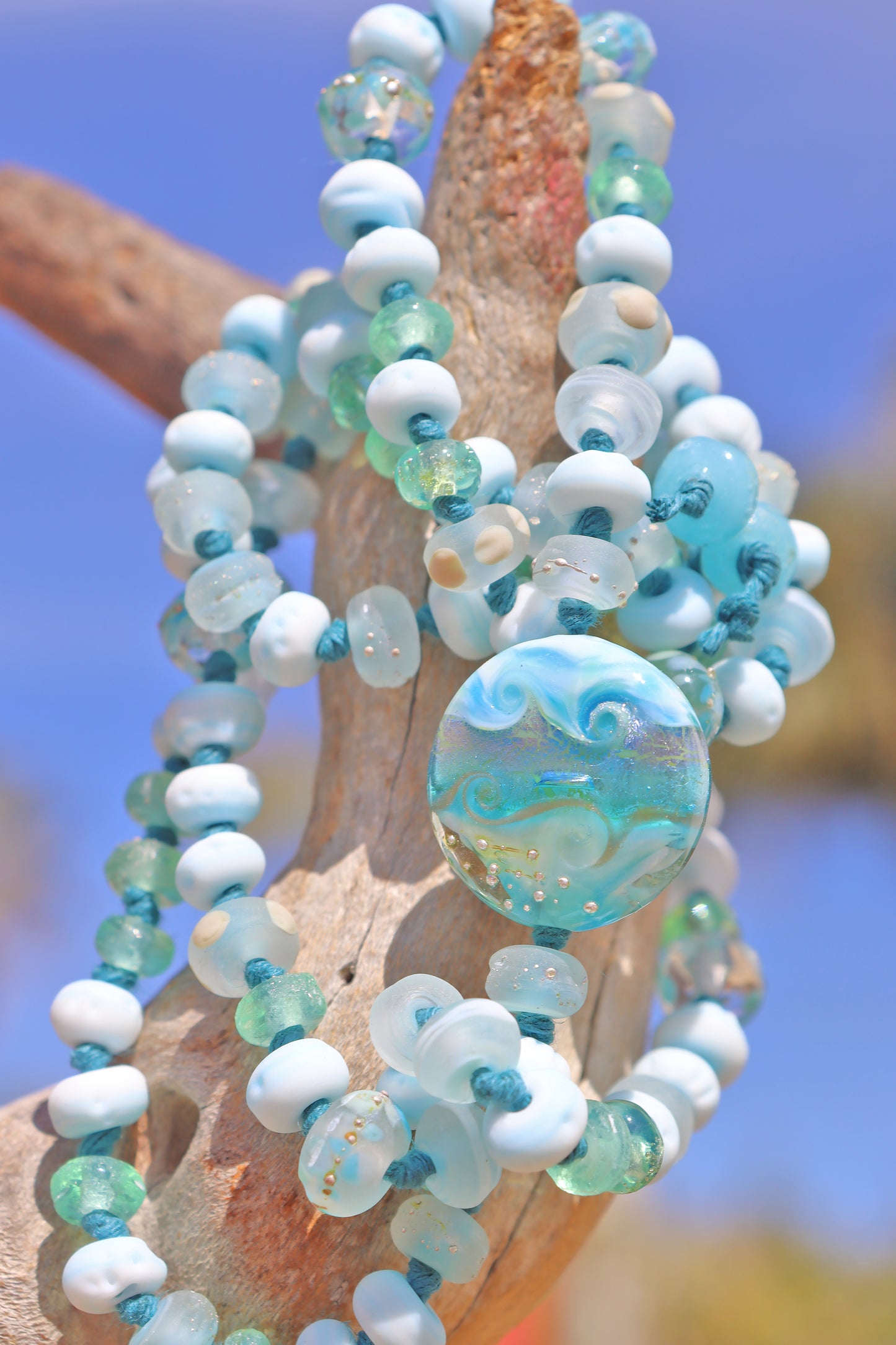 AQUAMARINE Knotted Art Glass Necklace, boho beach style jewelry by glass artist Jenelle Aubade
