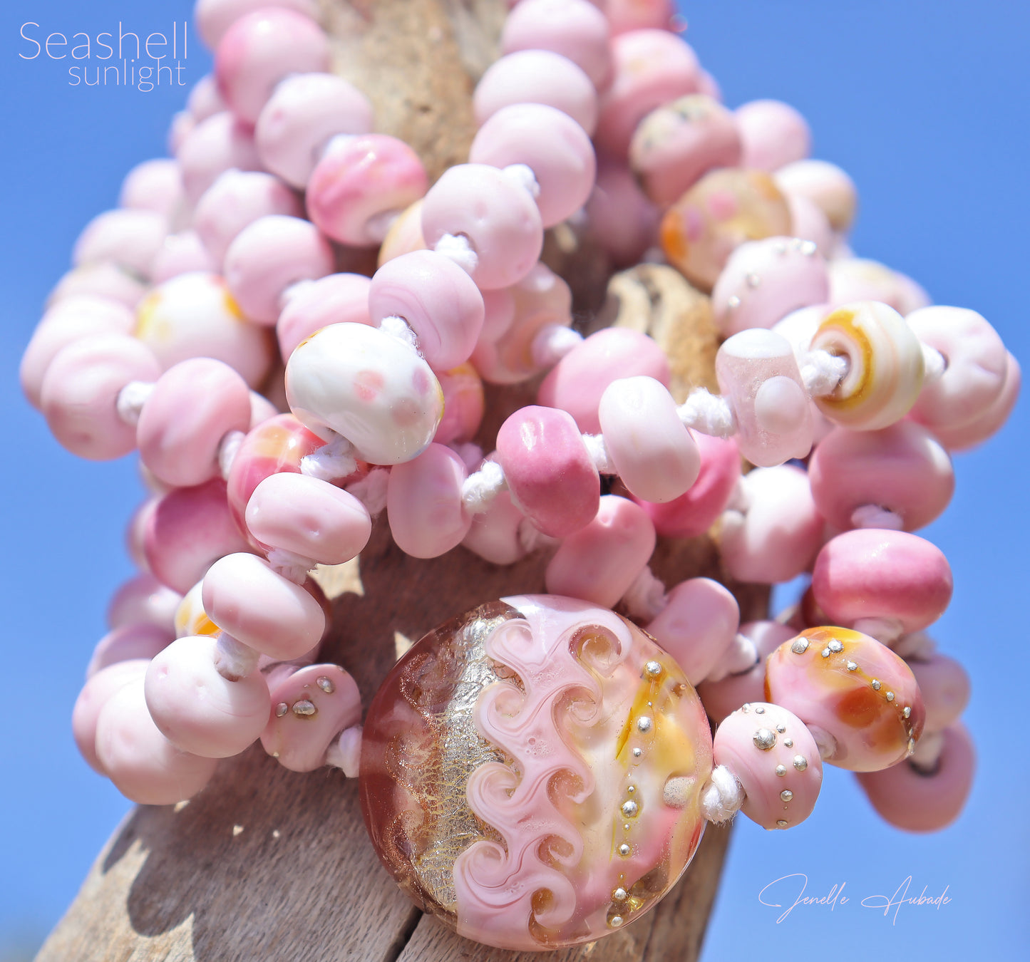 SEASHELL SUNLIGHT Knotted Art Glass Necklace, boho beach style jewelry by glass artist Jenelle Aubade