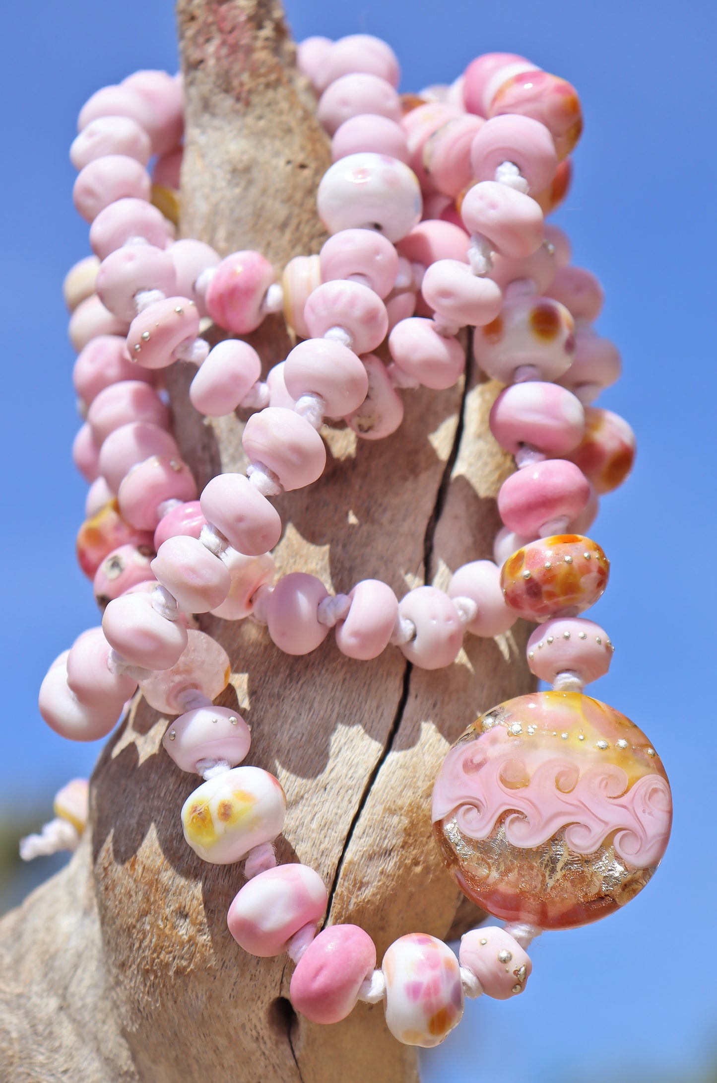 SEASHELL SUNLIGHT Knotted Art Glass Necklace, boho beach style jewelry by glass artist Jenelle Aubade