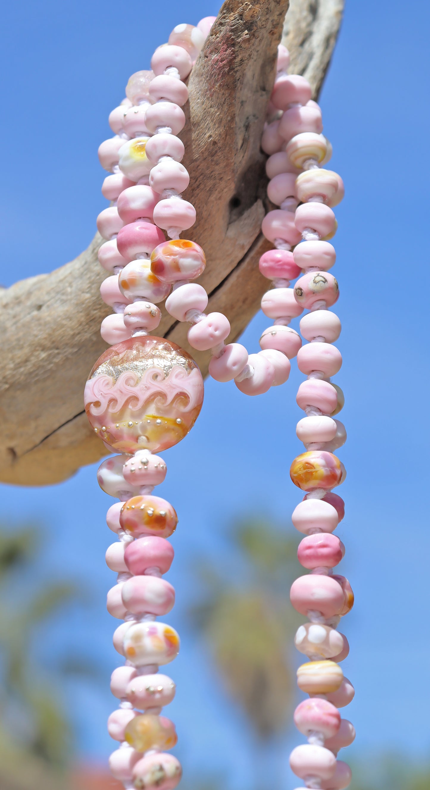 SEASHELL SUNLIGHT Knotted Art Glass Necklace, boho beach style jewelry by glass artist Jenelle Aubade