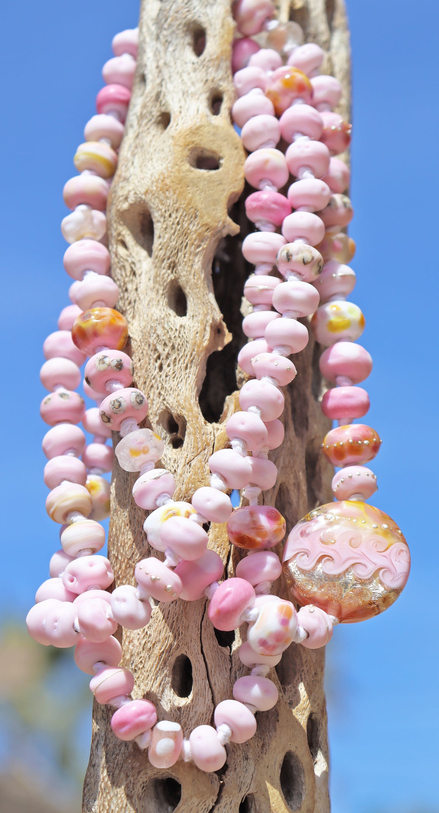 SEASHELL SUNLIGHT Knotted Art Glass Necklace, boho beach style jewelry by glass artist Jenelle Aubade