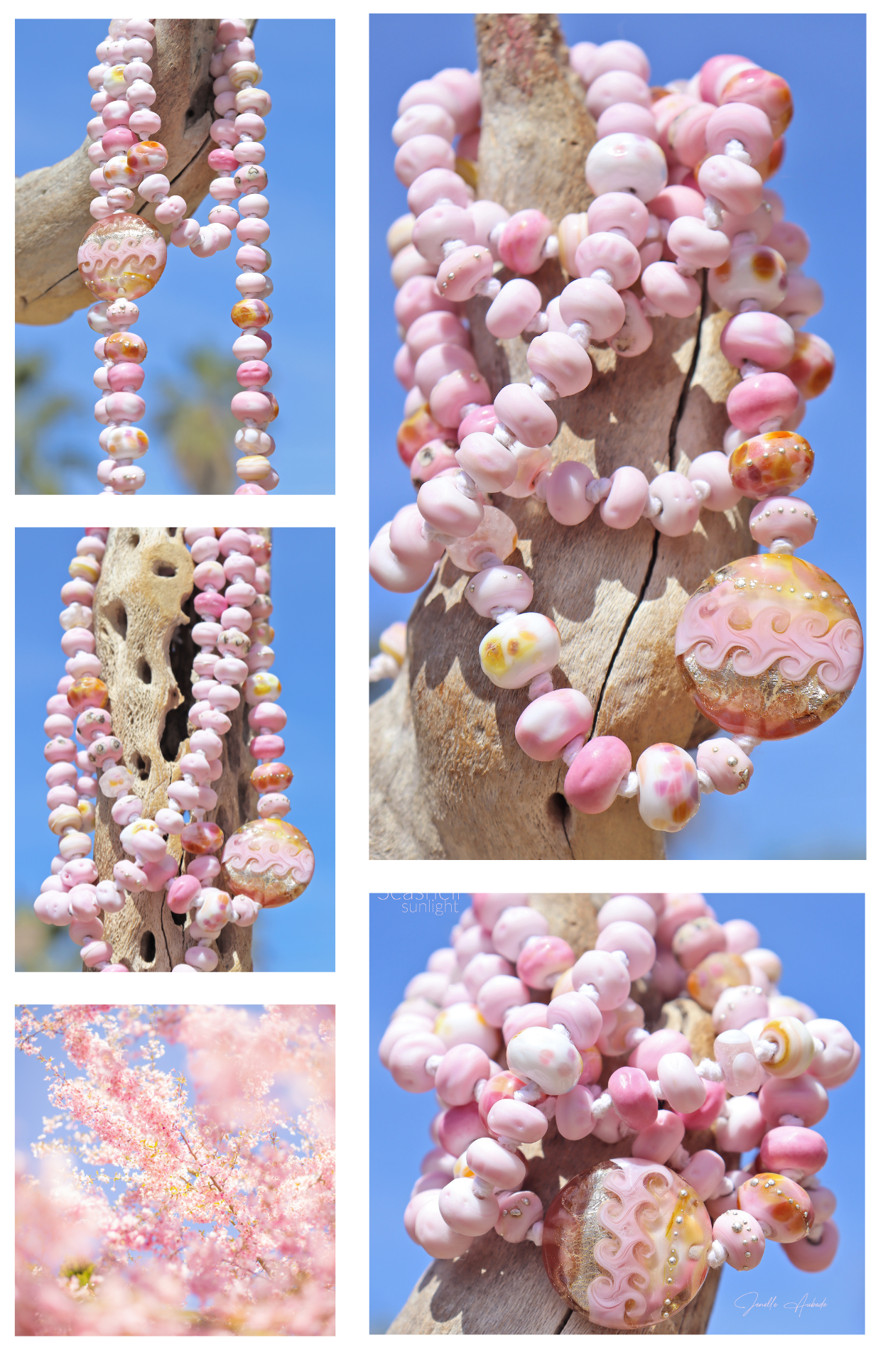 SEASHELL SUNLIGHT Knotted Art Glass Necklace, boho beach style jewelry by glass artist Jenelle Aubade