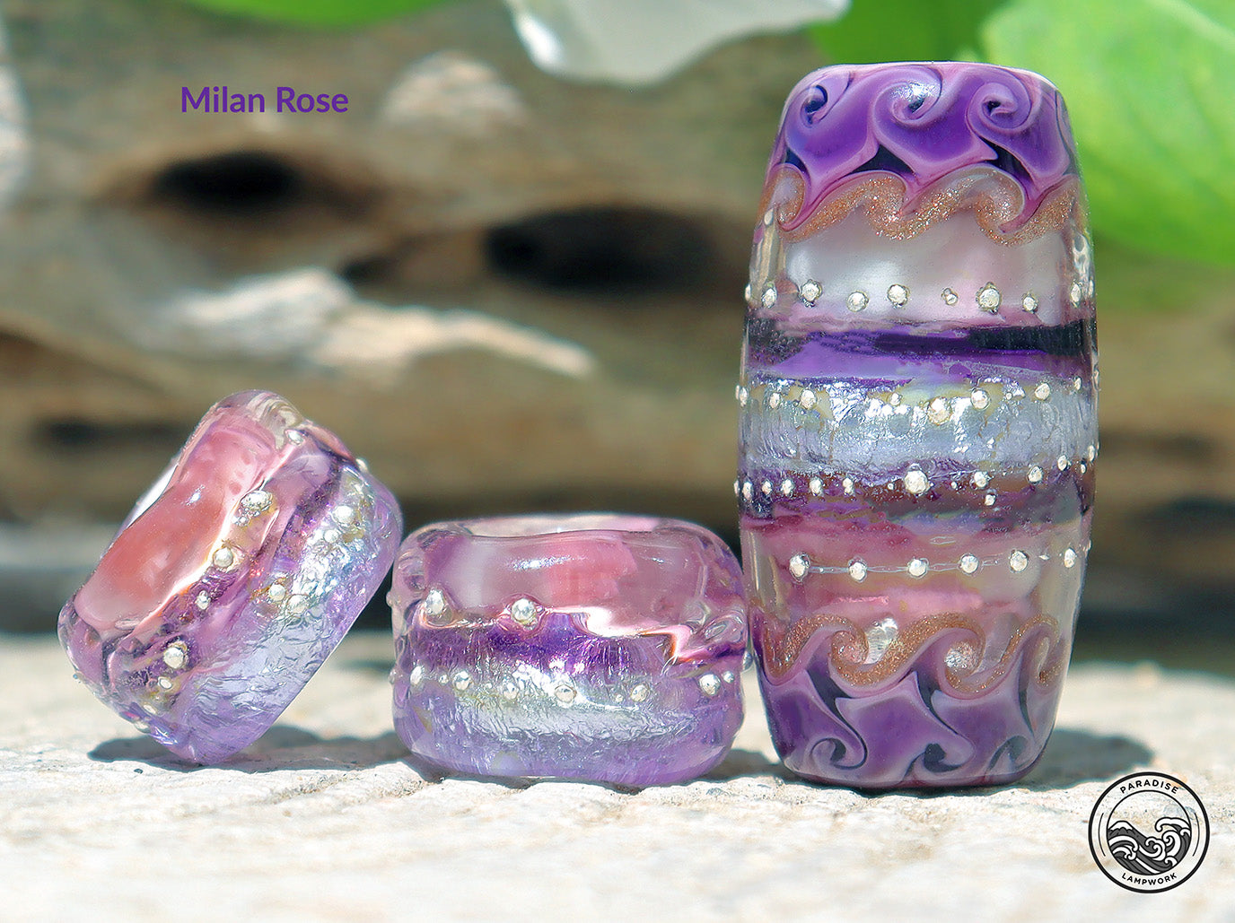 Handmade Silver Green high quality Pink and Violet Encased rounds Lampwork Bead Set