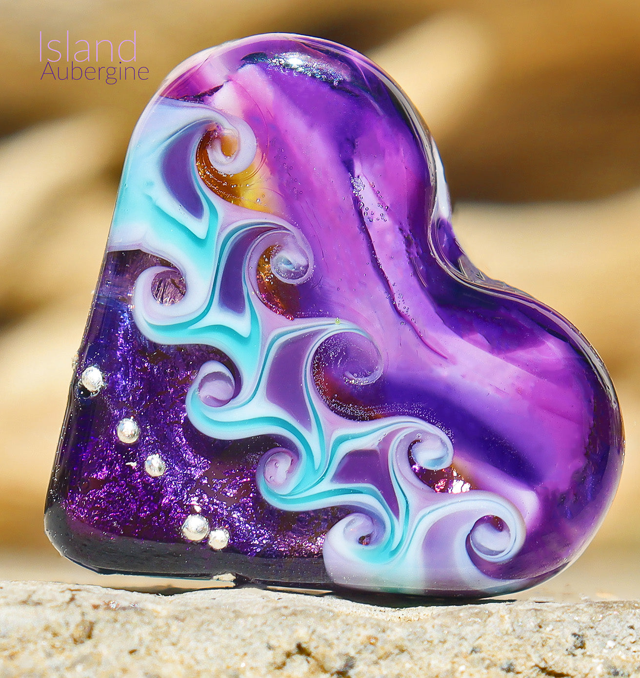 ISLAND AUBERGINE Heart Focal Bead, Handmade Glass Art Beads for Jewelry design