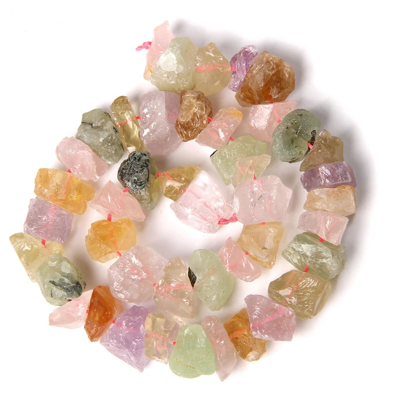 Raw Natural Rose & Purple Amethyst & Green Crystal Quartz Semi-precious Gemstone Bead Mix, 10-13mm