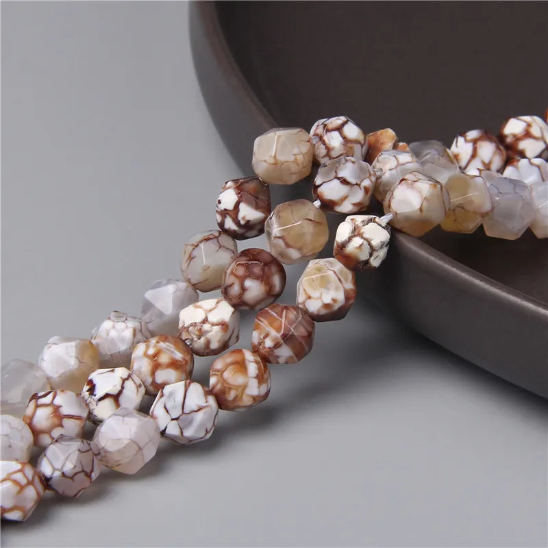 Natural Faceted Coffee White Dragon Agates,  Loose Gemstone Beads, 8MM 15"