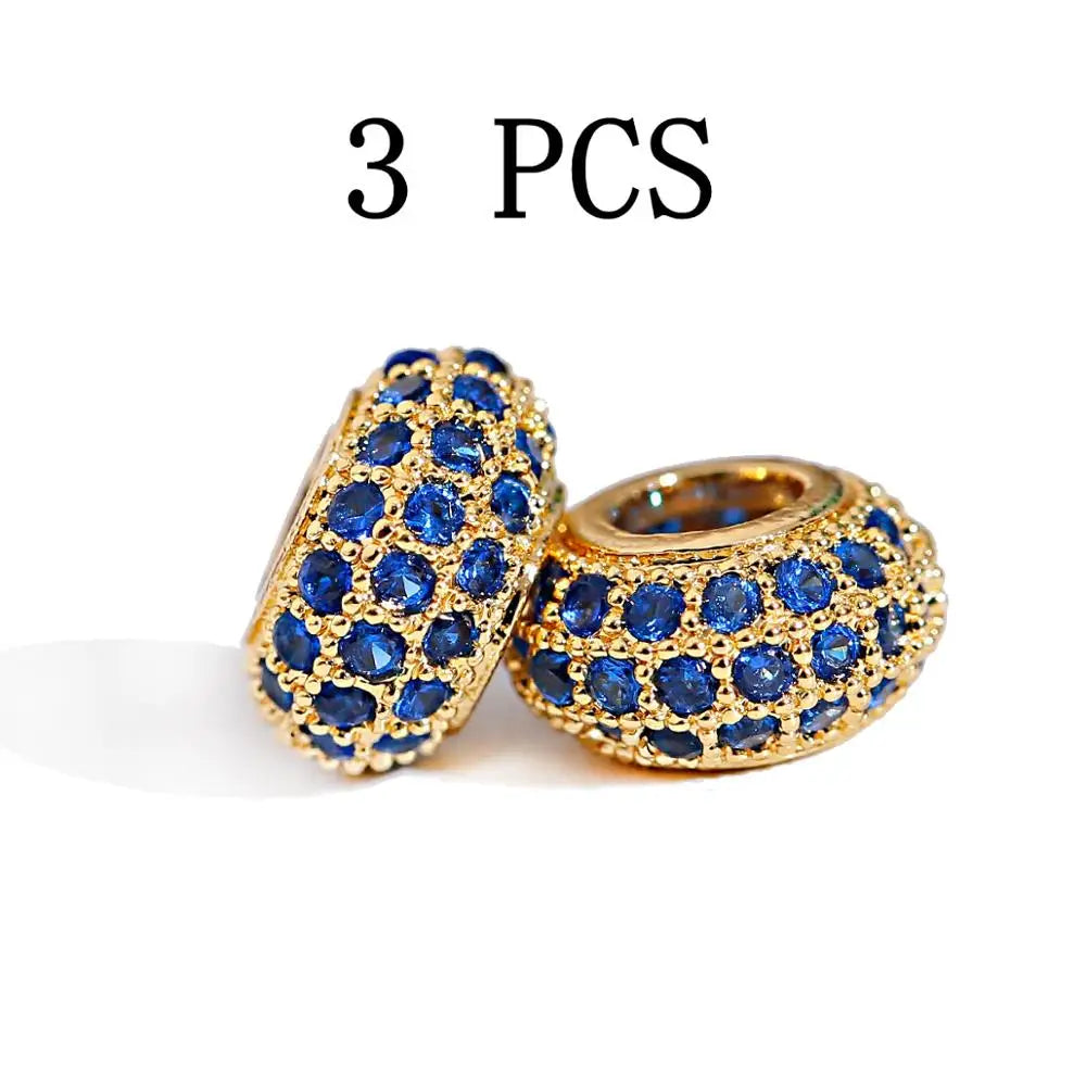 Micro Pave Blue Zircon Spacer Beads, Oval Shape Charms, Silver Color Copper Large Hole Beads, 3PCS