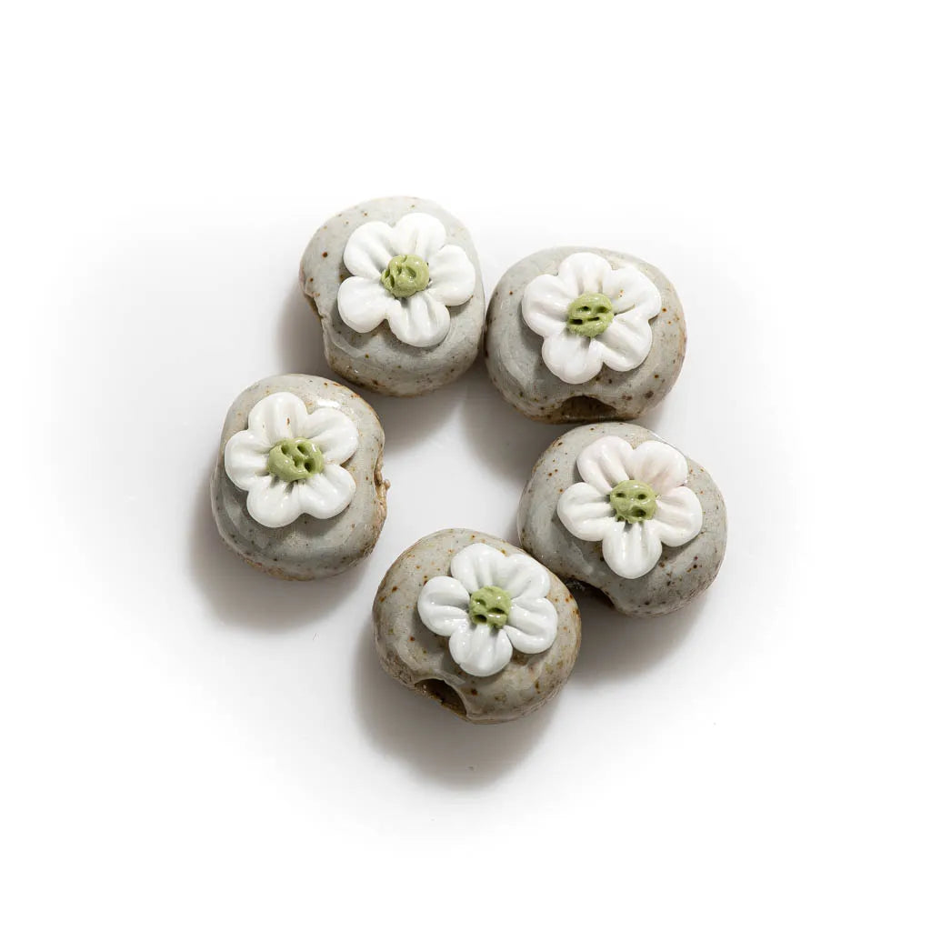 Handmade Pottery Flower Ceramic Beads, 14mm 5pcs