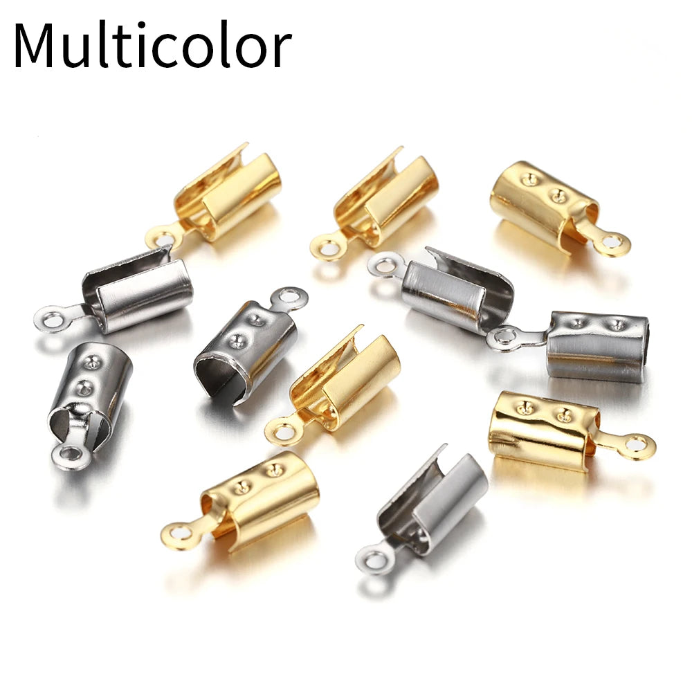 Stainless Steel Leather Cord Crimp Beads, End Caps, Connectors, Rhodium or Gold, 30pcs