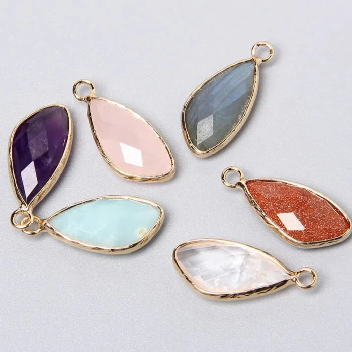 Natural Gemstone Pendant Charms, 2pcs 25-11mm, Amethyst, Rose Quartz, Agate, Amazonite, Opal