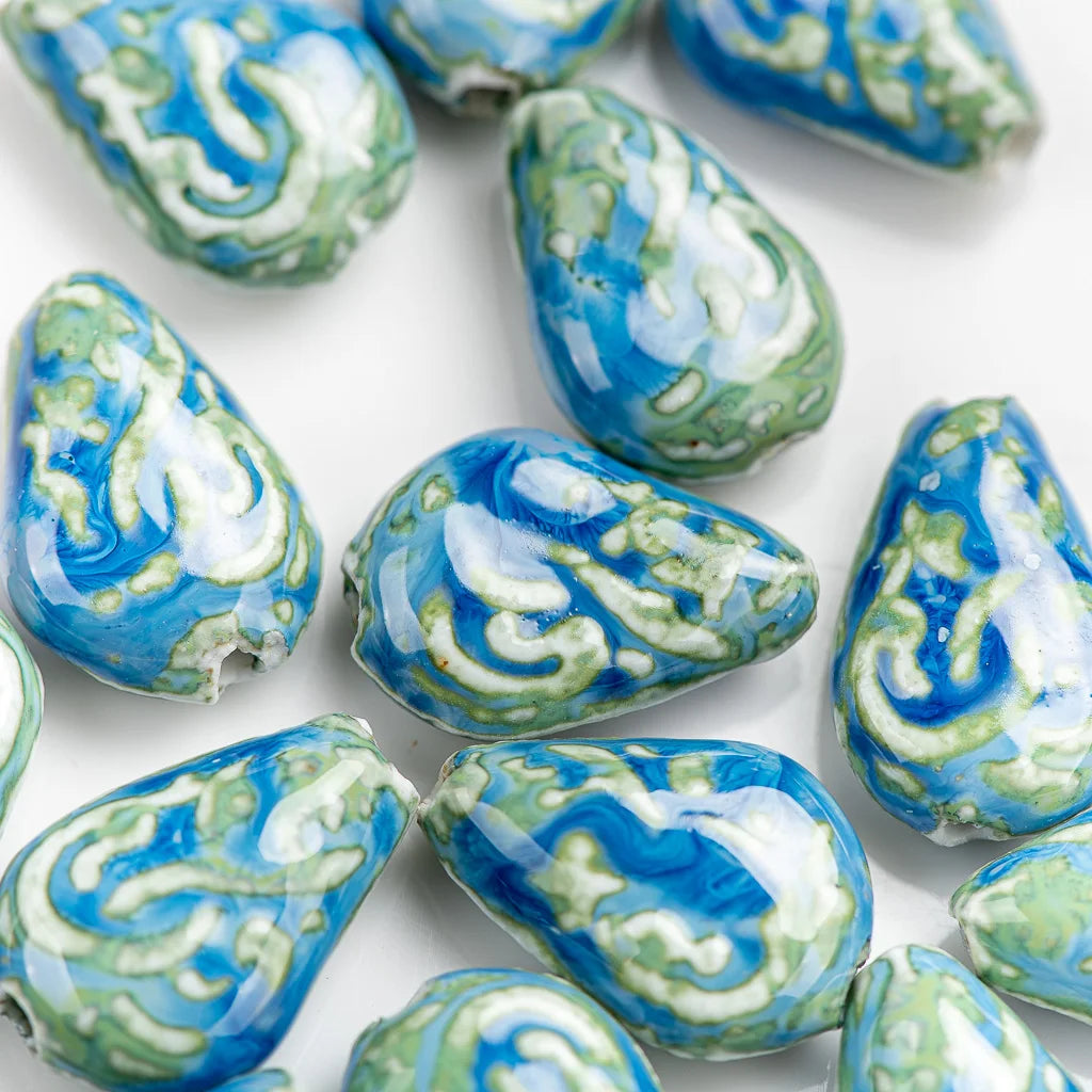 Organic Water Drop Shaped Blue Ceramic Beads, Porcelain 28mm 5pcs