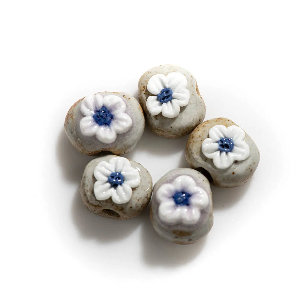 Handmade Pottery Flower Ceramic Beads, 14mm 5pcs