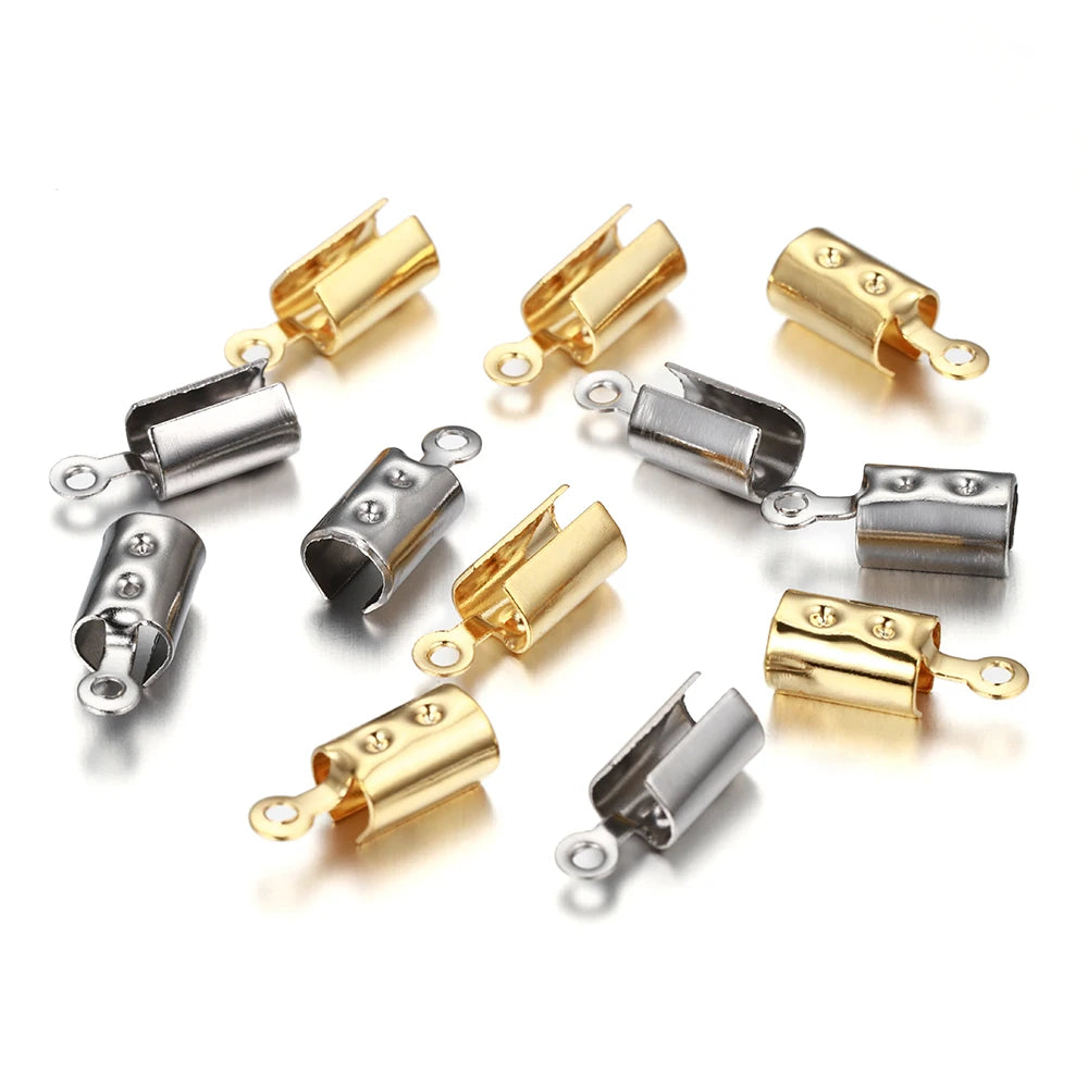 Stainless Steel Leather Cord Crimp Beads, End Caps, Connectors, Rhodium or Gold, 30pcs