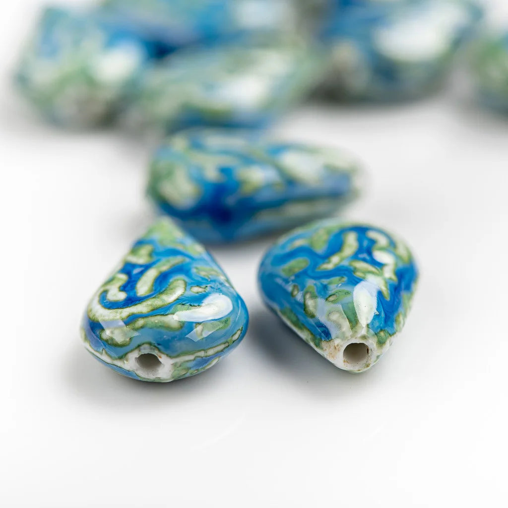 Organic Water Drop Shaped Blue Ceramic Beads, Porcelain 28mm 5pcs