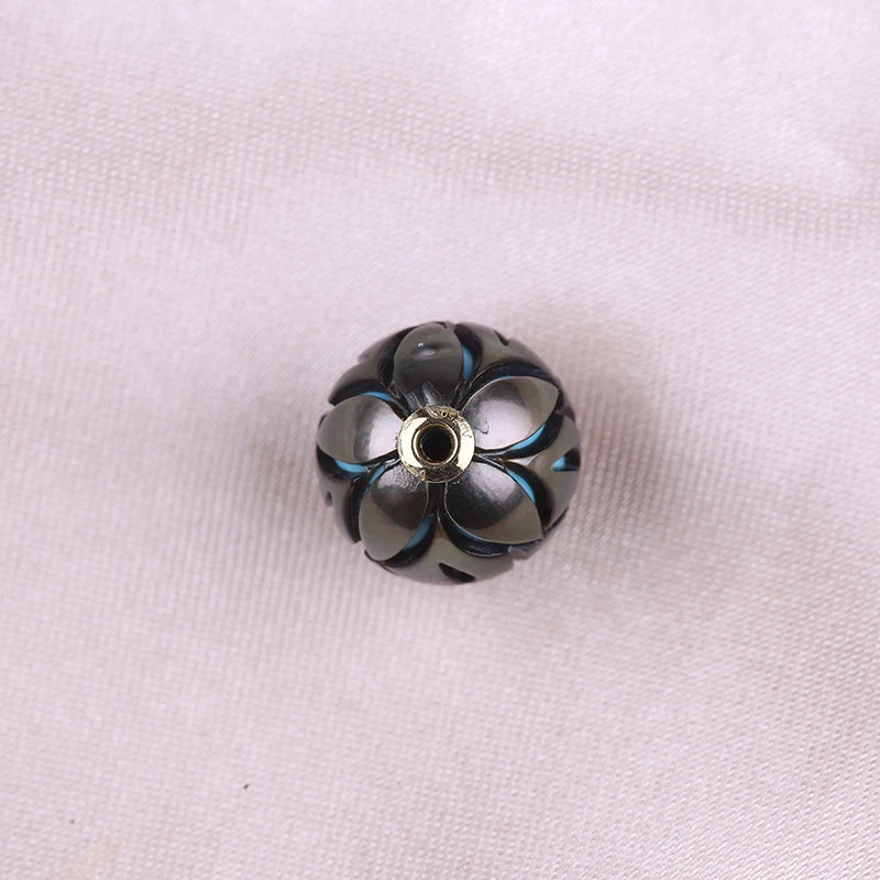 Peacock Black Tahitian Pearl Bead, Carved With 18K Gold Fitting, 11-12mm