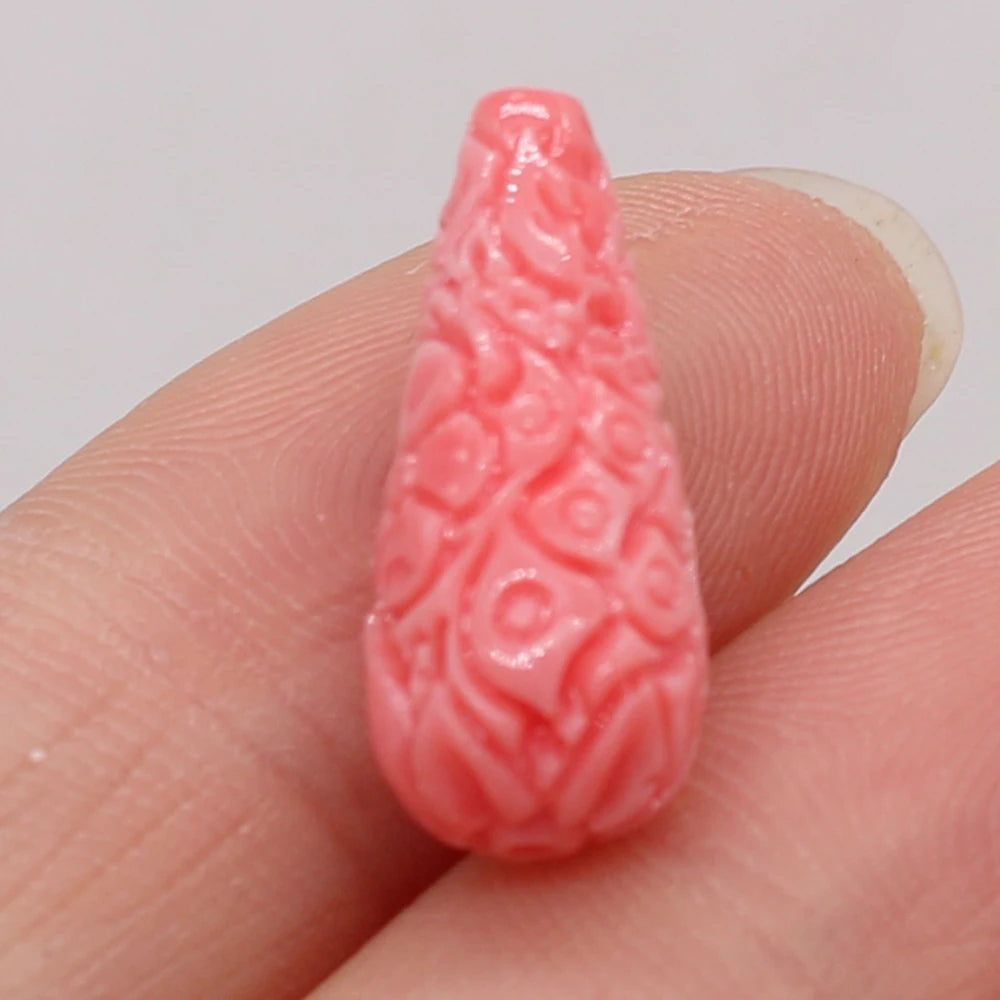 Pink Coral Beads, Hand Carved, Buddha, Flowers, 10pc