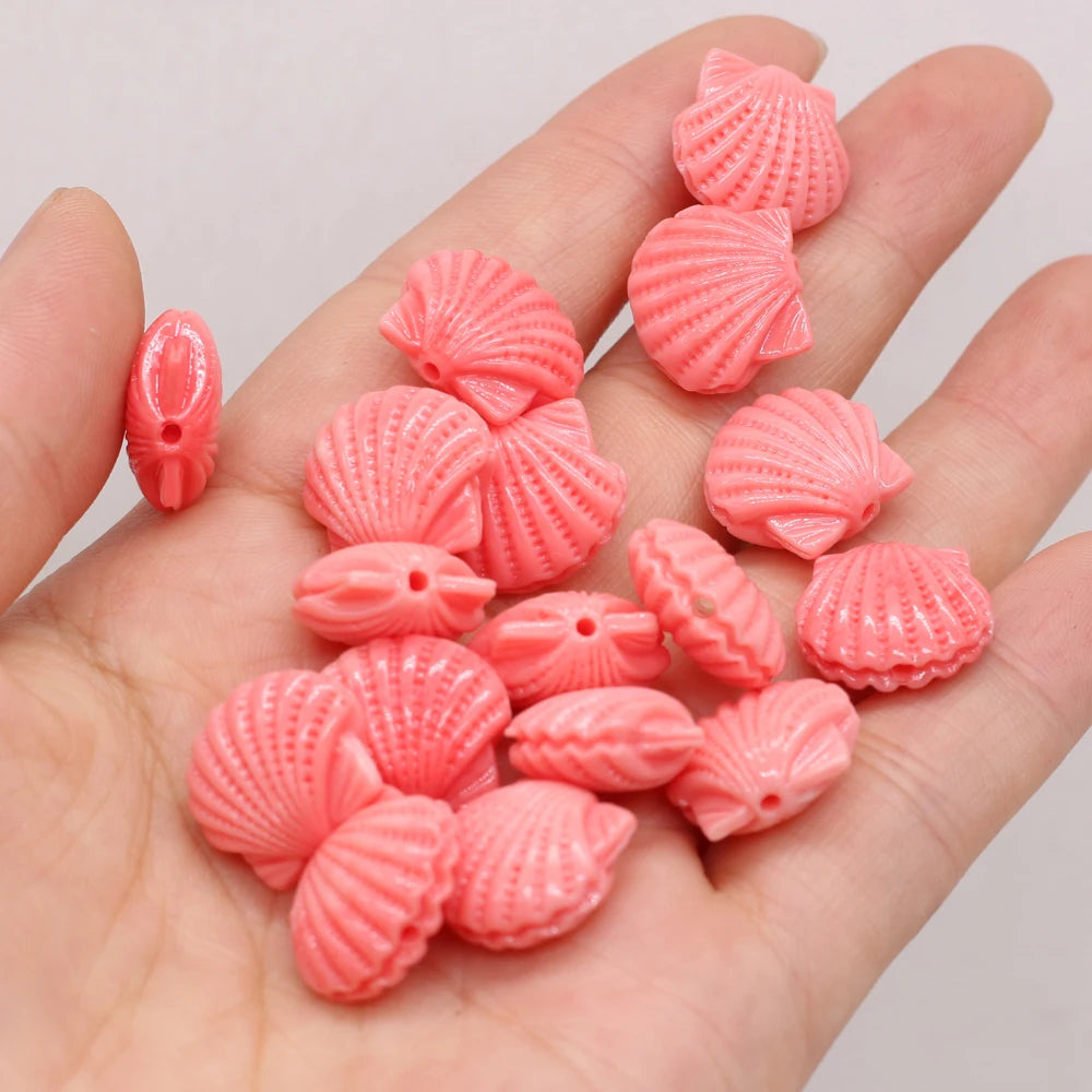 Pink Scallops, Carved Coral Shell Beads, 10pcs