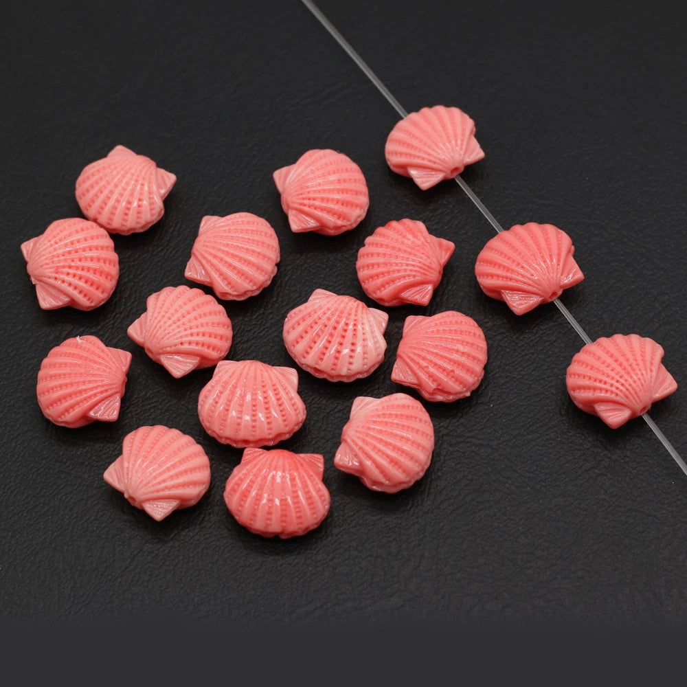 Pink Scallops, Carved Coral Shell Beads, 10pcs