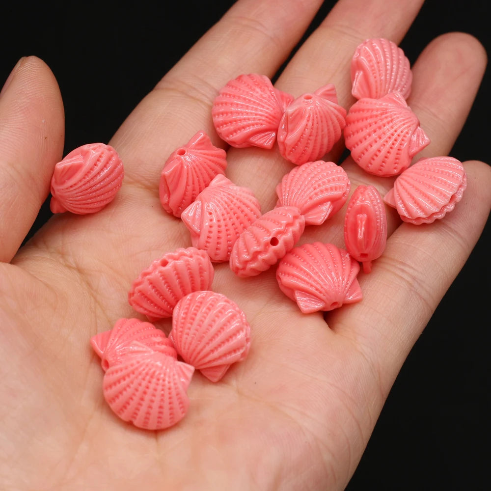 Pink Scallops, Carved Coral Shell Beads, 10pcs