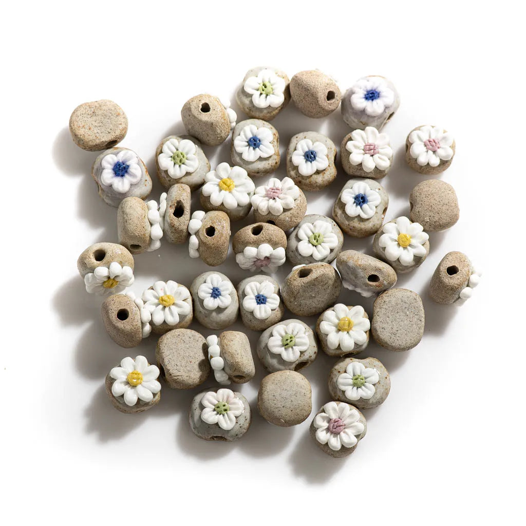 Handmade Pottery Flower Ceramic Beads, 14mm 5pcs