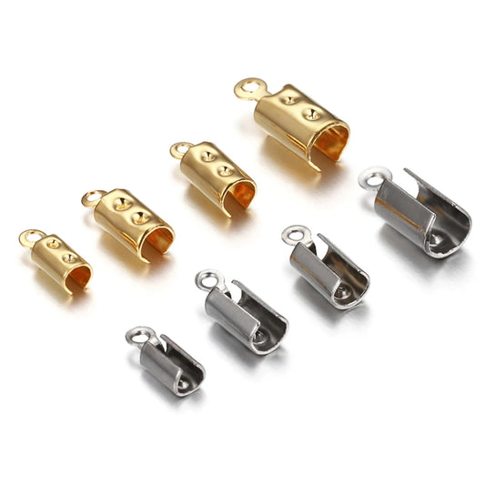 Stainless Steel Leather Cord Crimp Beads, End Caps, Connectors, Rhodium or Gold, 30pcs