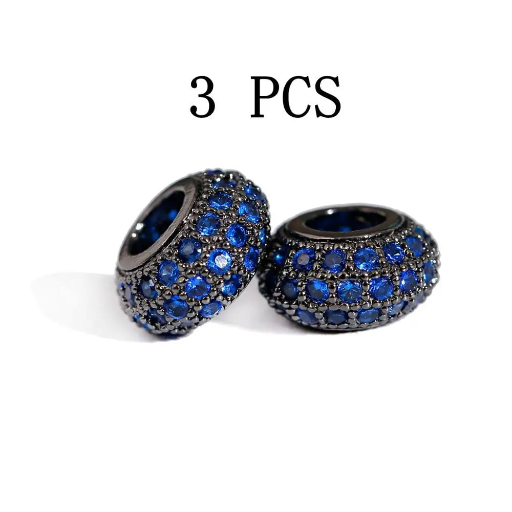 Micro Pave Blue Zircon Spacer Beads, Oval Shape Charms, Silver Color Copper Large Hole Beads, 3PCS