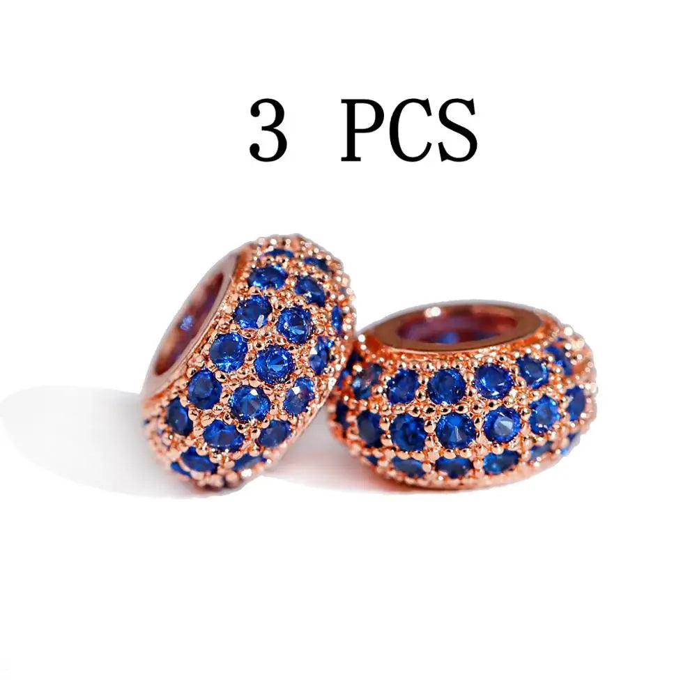 Micro Pave Blue Zircon Spacer Beads, Oval Shape Charms, Silver Color Copper Large Hole Beads, 3PCS