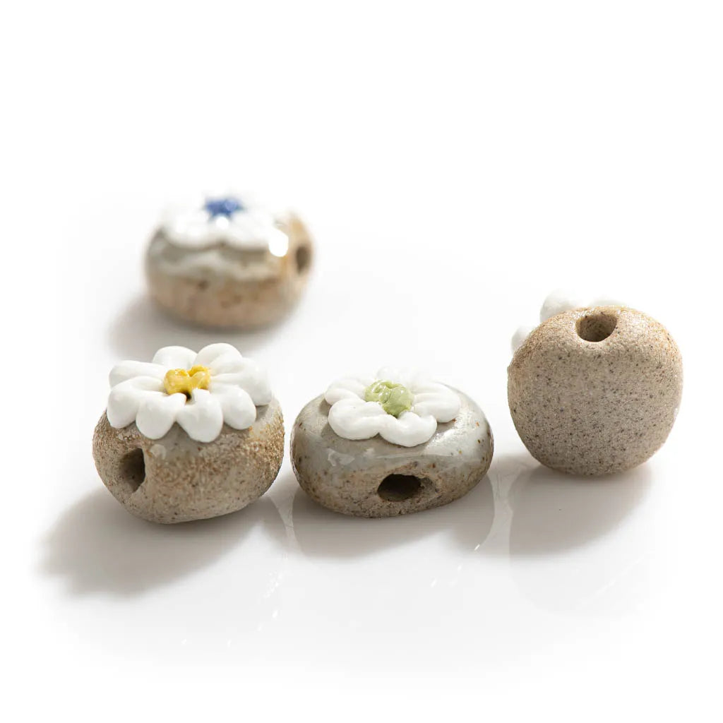 Handmade Pottery Flower Ceramic Beads, 14mm 5pcs