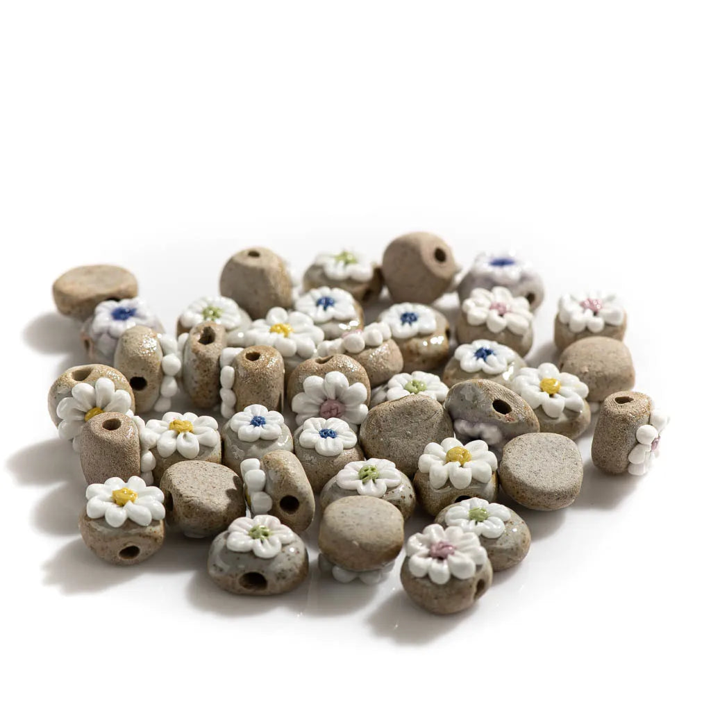 Handmade Pottery Flower Ceramic Beads, 14mm 5pcs