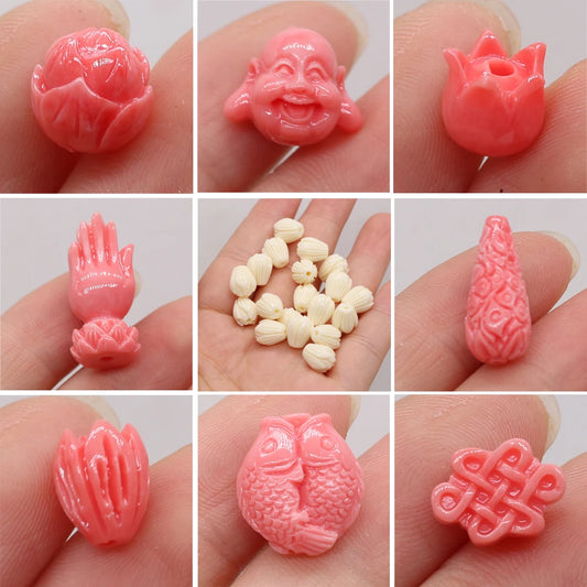 Pink Coral Beads, Hand Carved, Buddha, Flowers, 10pc