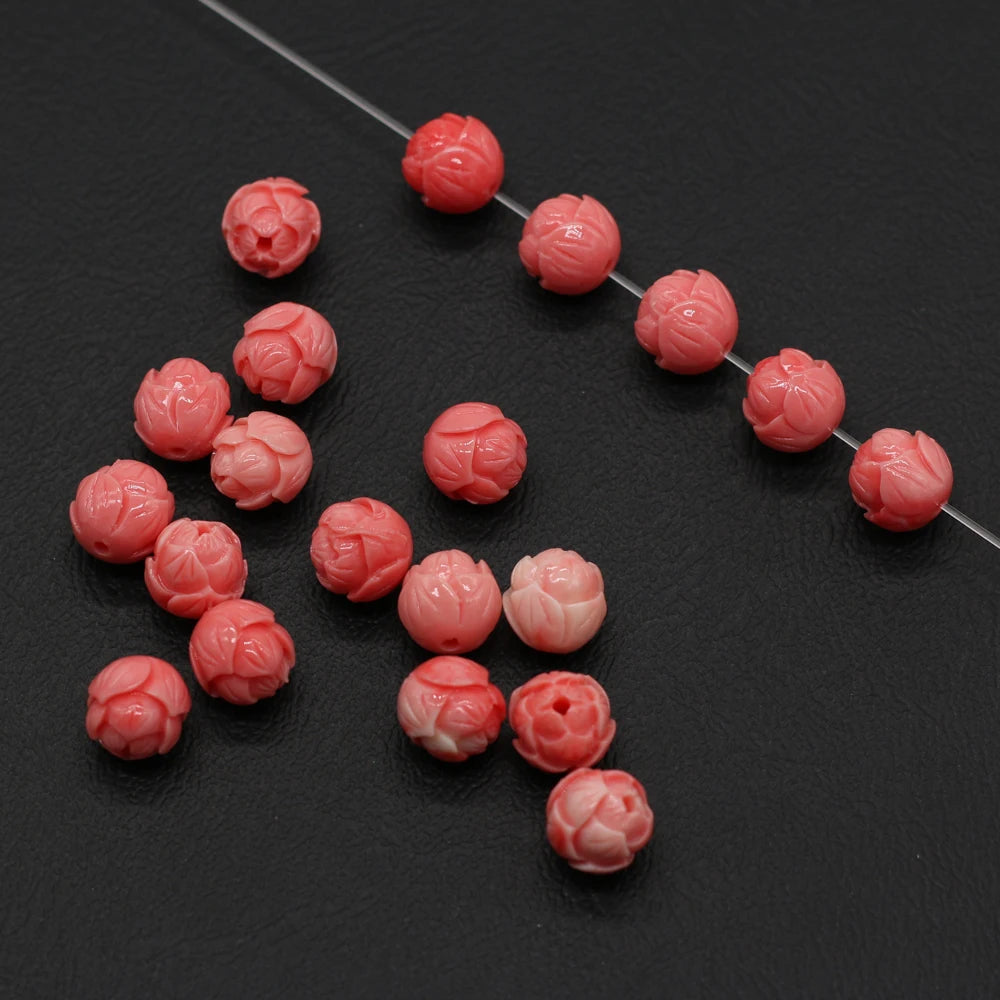 Pink Coral Beads, Hand Carved, Buddha, Flowers, 10pc