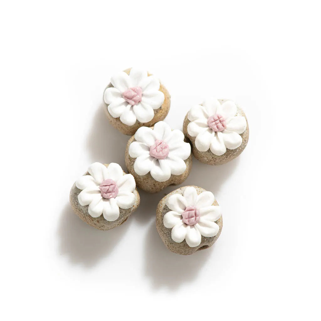 Handmade Pottery Flower Ceramic Beads, 14mm 5pcs