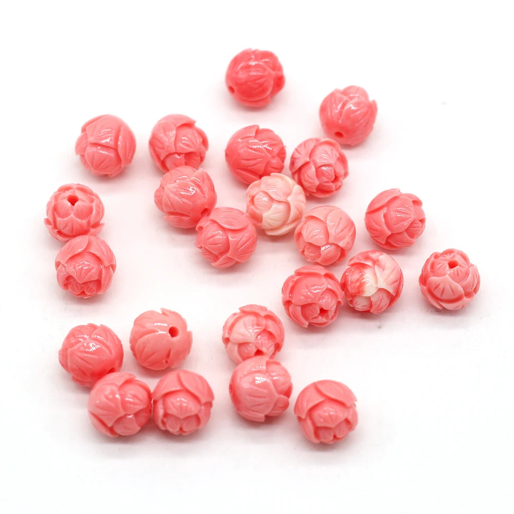 Pink Coral Beads, Hand Carved, Buddha, Flowers, 10pc