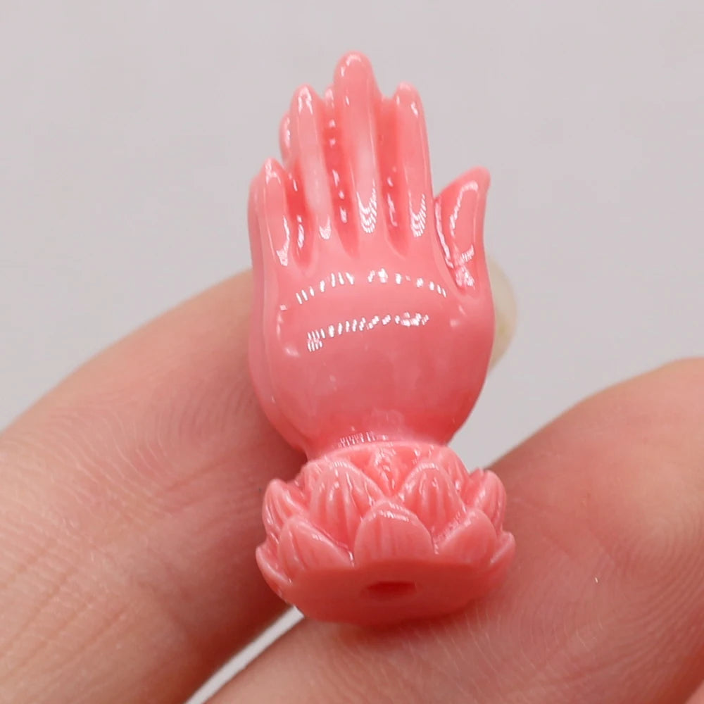 Pink Coral Beads, Hand Carved, Buddha, Flowers, 10pc