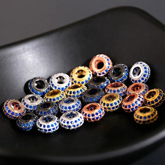 Micro Pave Blue Zircon Spacer Beads, Oval Shape Charms, Silver Color Copper Large Hole Beads, 3PCS