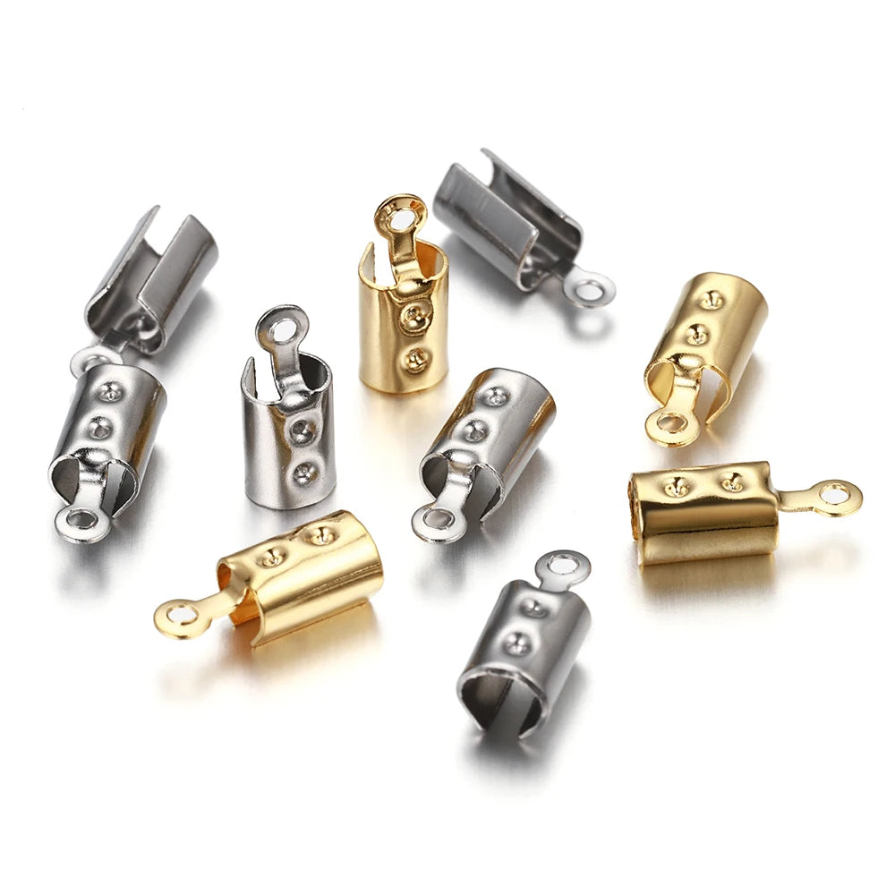 Stainless Steel Leather Cord Crimp Beads, End Caps, Connectors, Rhodium or Gold, 30pcs