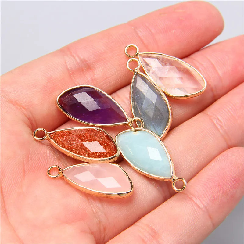 Natural Gemstone Pendant Charms, 2pcs 25-11mm, Amethyst, Rose Quartz, Agate, Amazonite, Opal