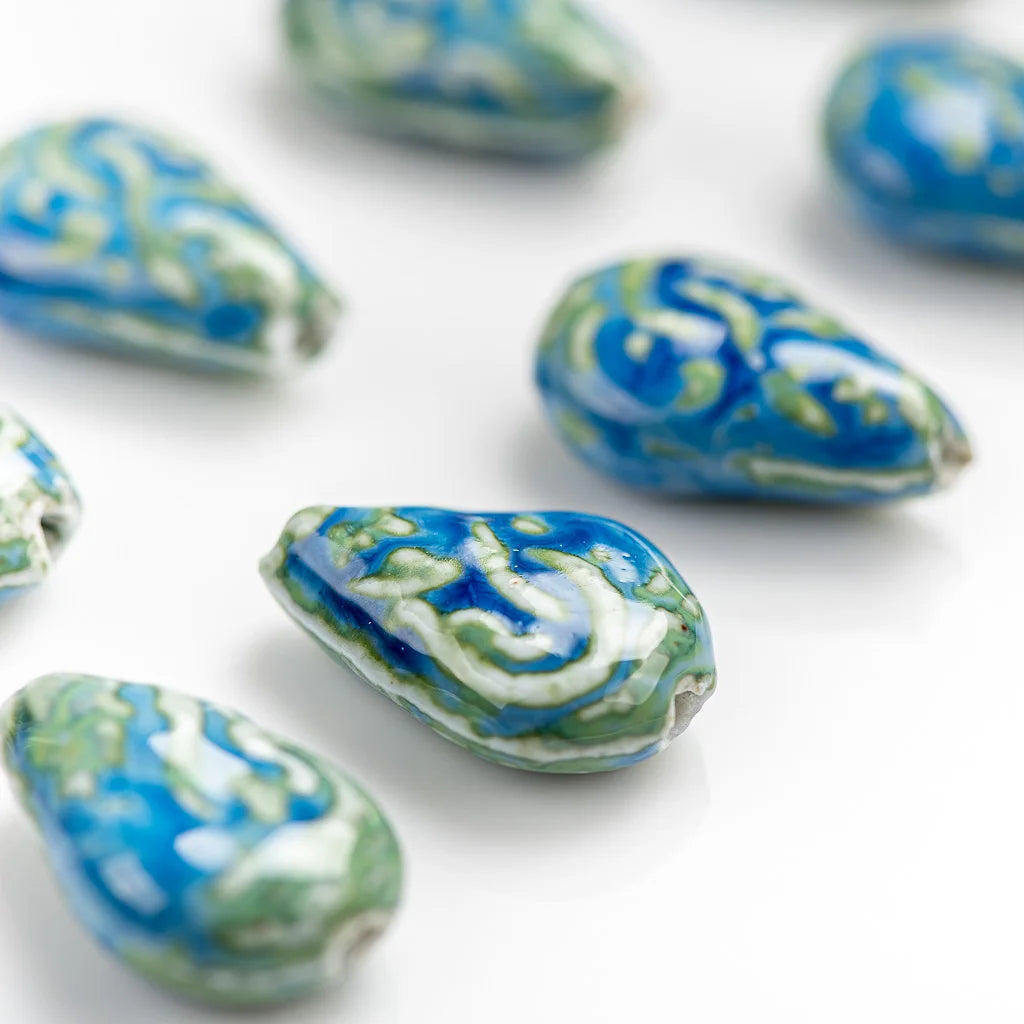 Organic Water Drop Shaped Blue Ceramic Beads, Porcelain 28mm 5pcs