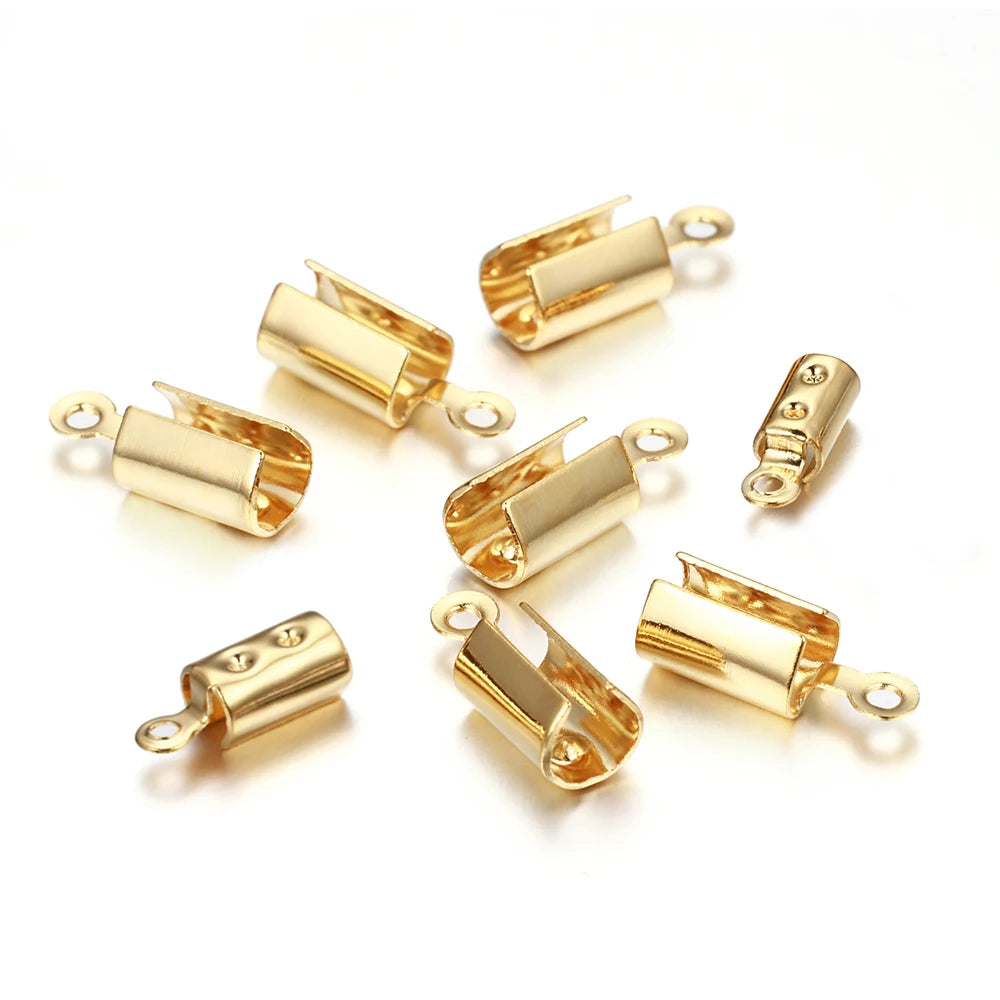 Stainless Steel Leather Cord Crimp Beads, End Caps, Connectors, Rhodium or Gold, 30pcs