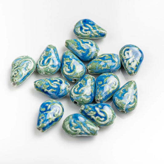 Organic Water Drop Shaped Blue Ceramic Beads, Porcelain 28mm 5pcs