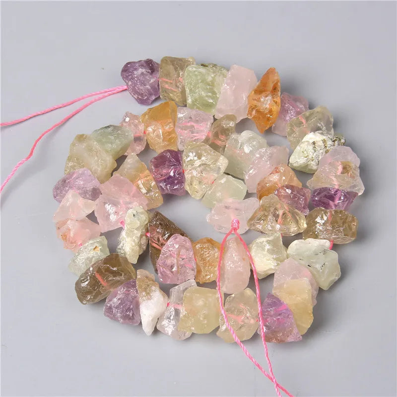 Raw Natural Rose & Purple Amethyst & Green Crystal Quartz Semi-precious Gemstone Bead Mix, 10-13mm