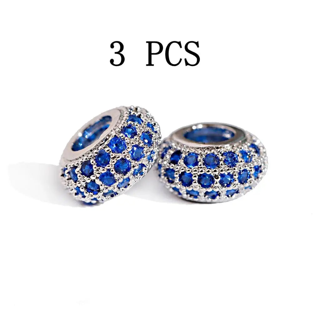 Micro Pave Blue Zircon Spacer Beads, Oval Shape Charms, Silver Color Copper Large Hole Beads, 3PCS