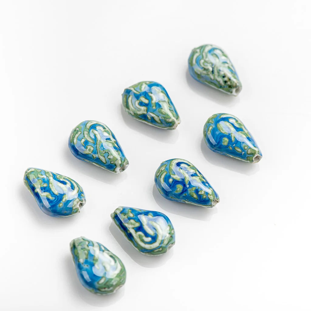 Organic Water Drop Shaped Blue Ceramic Beads, Porcelain 28mm 5pcs