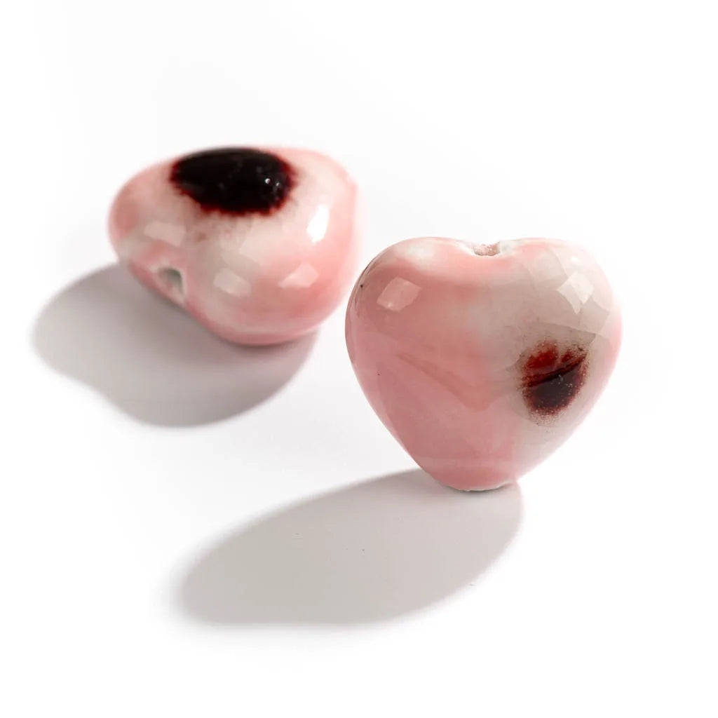 Heart Shaped Ceramic Beads, Handmade Kiln Beads, Pink and Blue, 25mm, 2pcs