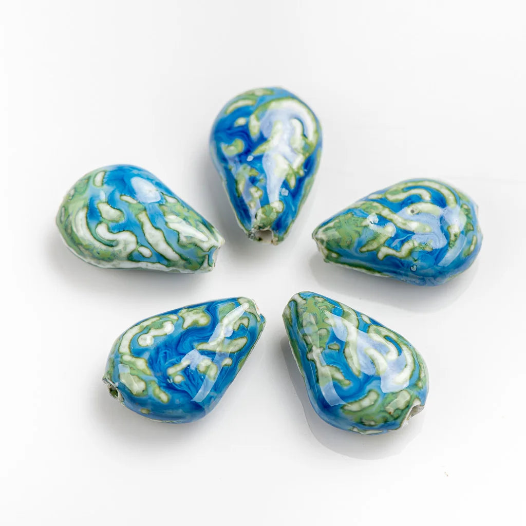 Organic Water Drop Shaped Blue Ceramic Beads, Porcelain 28mm 5pcs